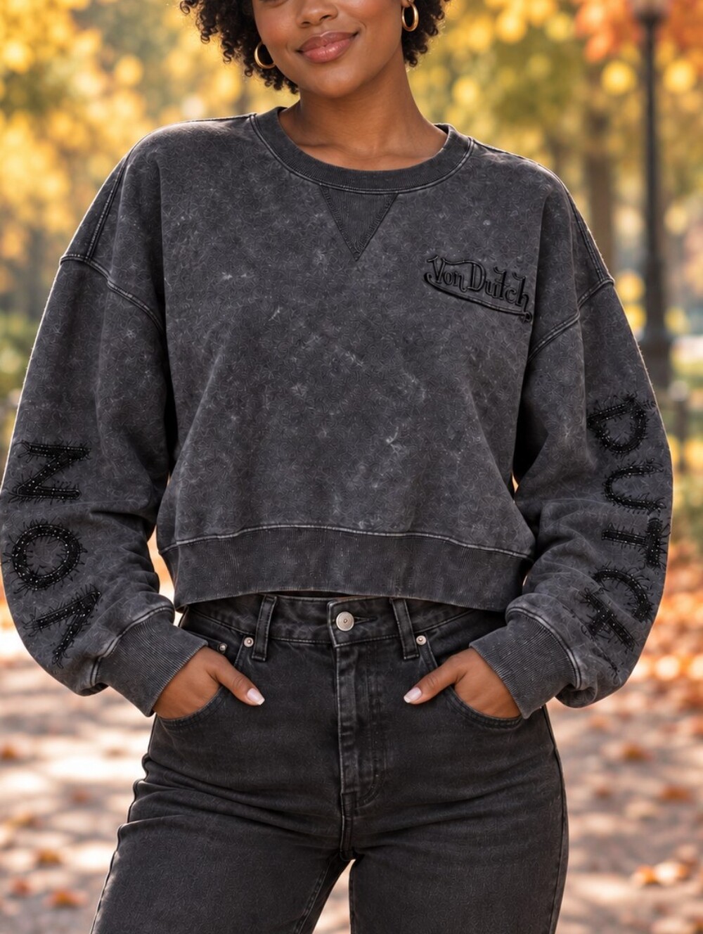 Von Dutch Cropped Sweatshirt Black Acid Wash Embroidered Logo Y2K Streetwear
